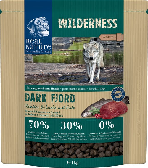 Adult Wilderness Dark Fjord kronhjort, laks & and 1 kg - Maxi Zoo Danmark