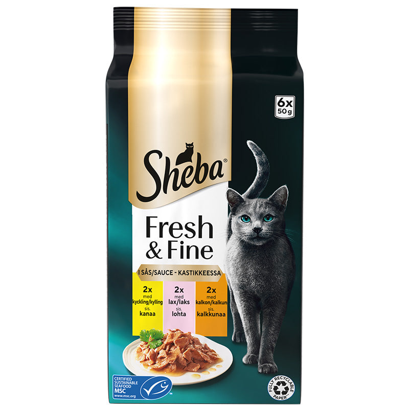 Fresh & Fine menuboks pouch m/sauce fisk + fjerkræ 6x50g - Maxi Zoo Danmark