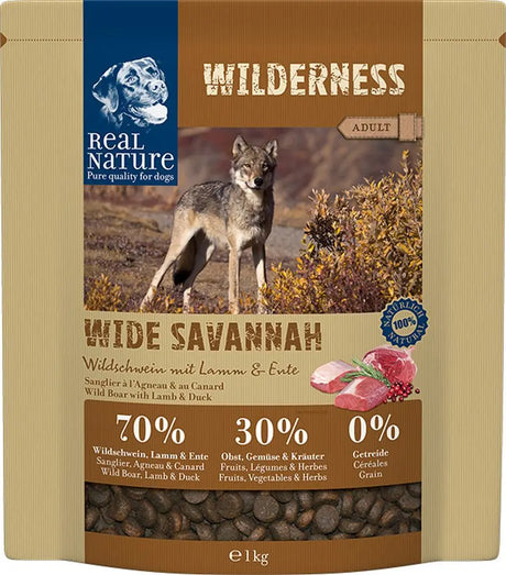 Adult Wilderness Wide Savannah vildsvin & lam 1kg - Maxi Zoo Danmark