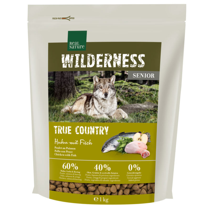 Senior Wilderness True Country kylling, laks & sild 1 kg - Maxi Zoo Danmark
