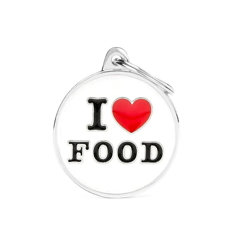 Navnetegn cirkel I LOVE FOOD big 3,93x3,17 cm hvid/sølv - Maxi Zoo Danmark