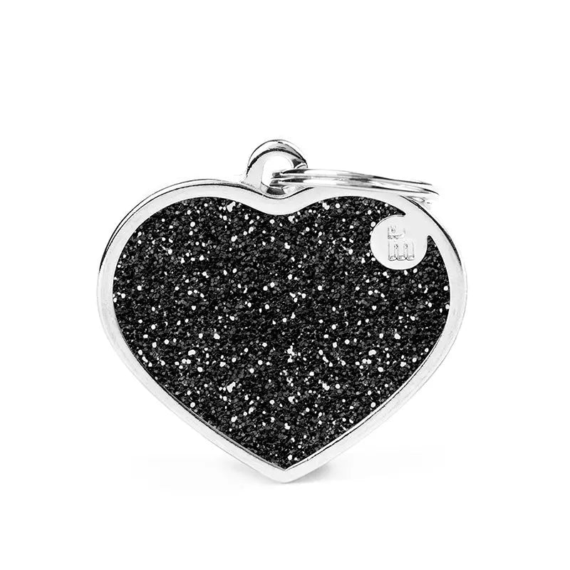 Navnetegn hjerte Glitter big 3,1x3,76 cm sort/sølv - Maxi Zoo Danmark